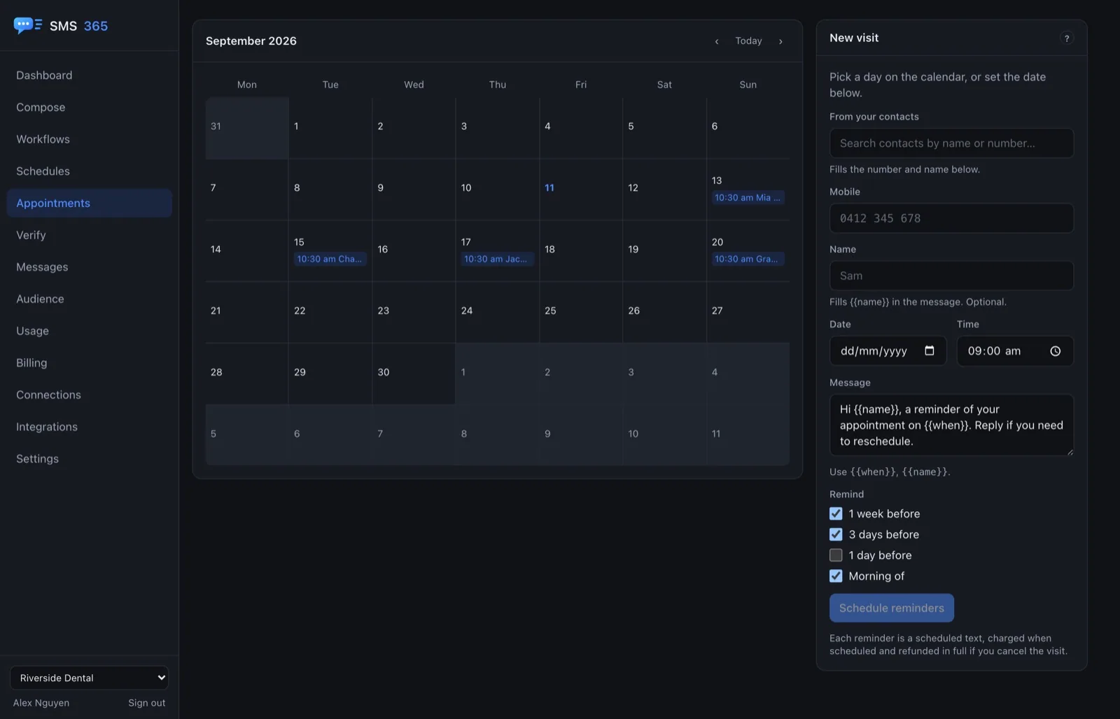 The appointment calendar with scheduled visits