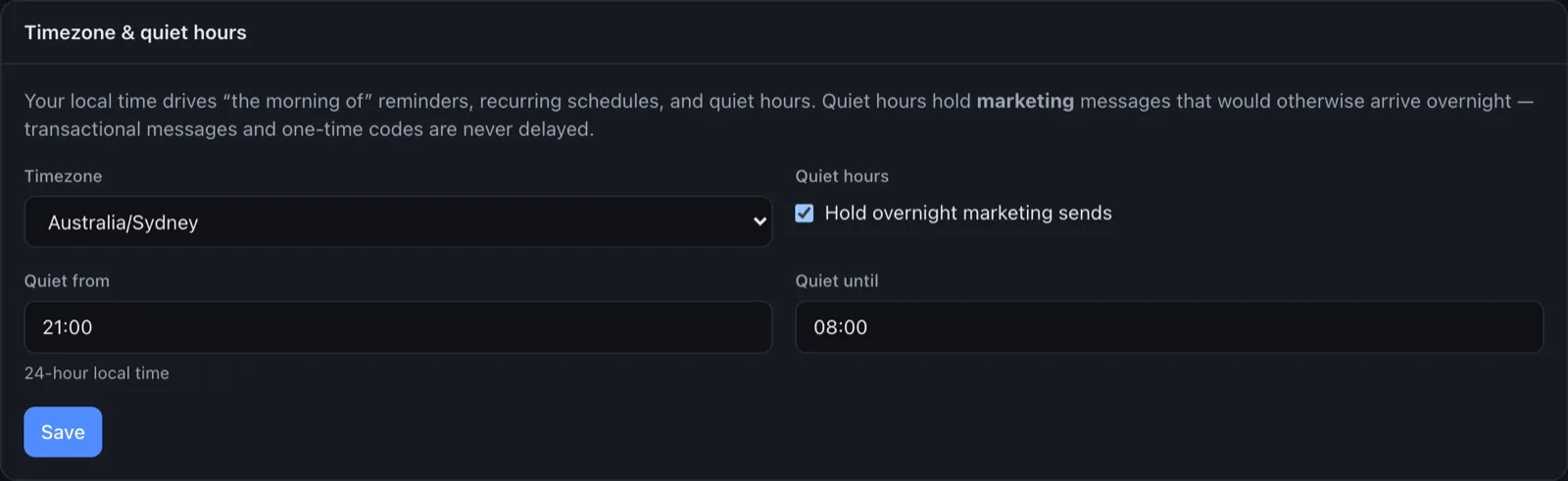 Timezone and quiet-hours settings